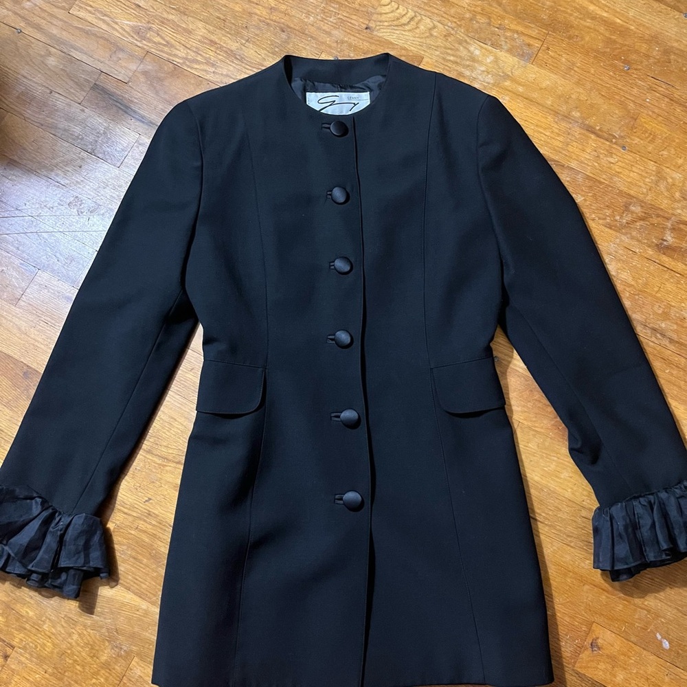 Vintage 80s Genny Black Women Collarless Button Front Blazer Wool Ruffle Cuffs 8